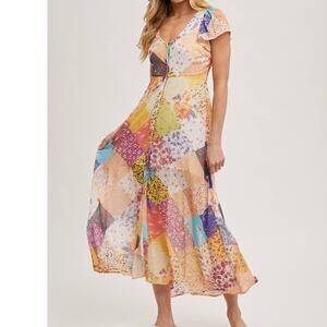 Pastel Quilt Printed Button Down Maxi Dress